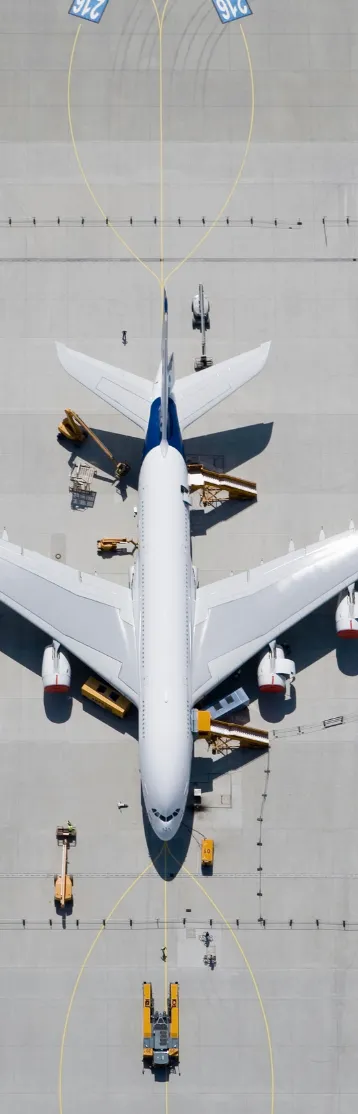Aerial view of an airplane on tarmac