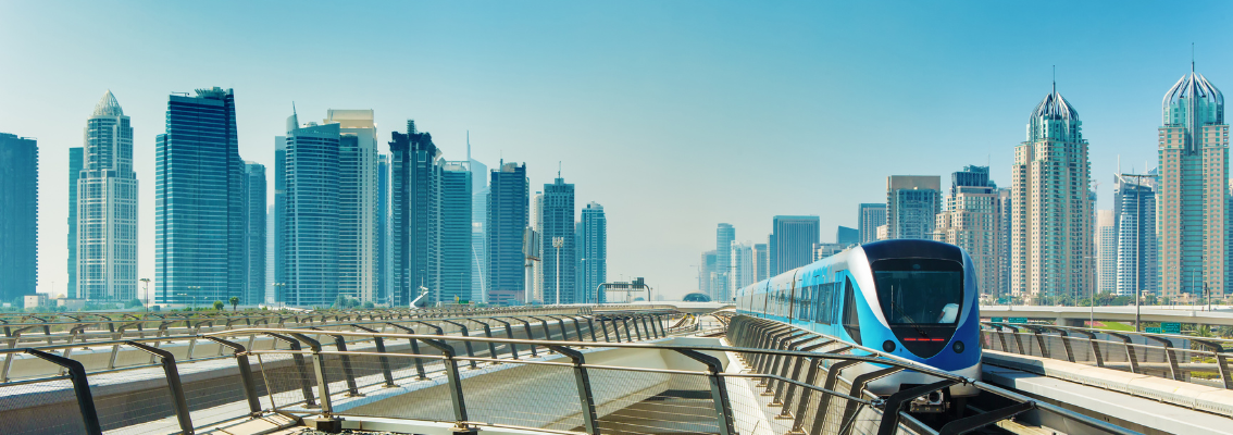 Metro railway and fully automated train in modern and luxury Dubai city