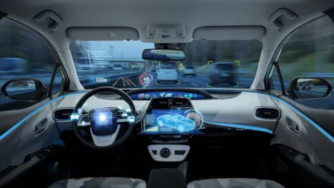 Empty cockpit of vehicle and digital speedometer, autonomous car